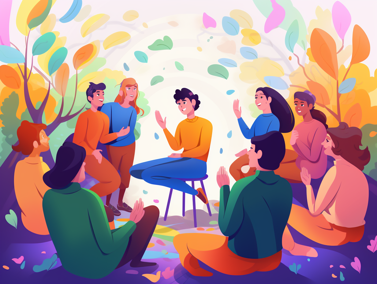 flat illustration image of a person telling a compelling story to a group of people